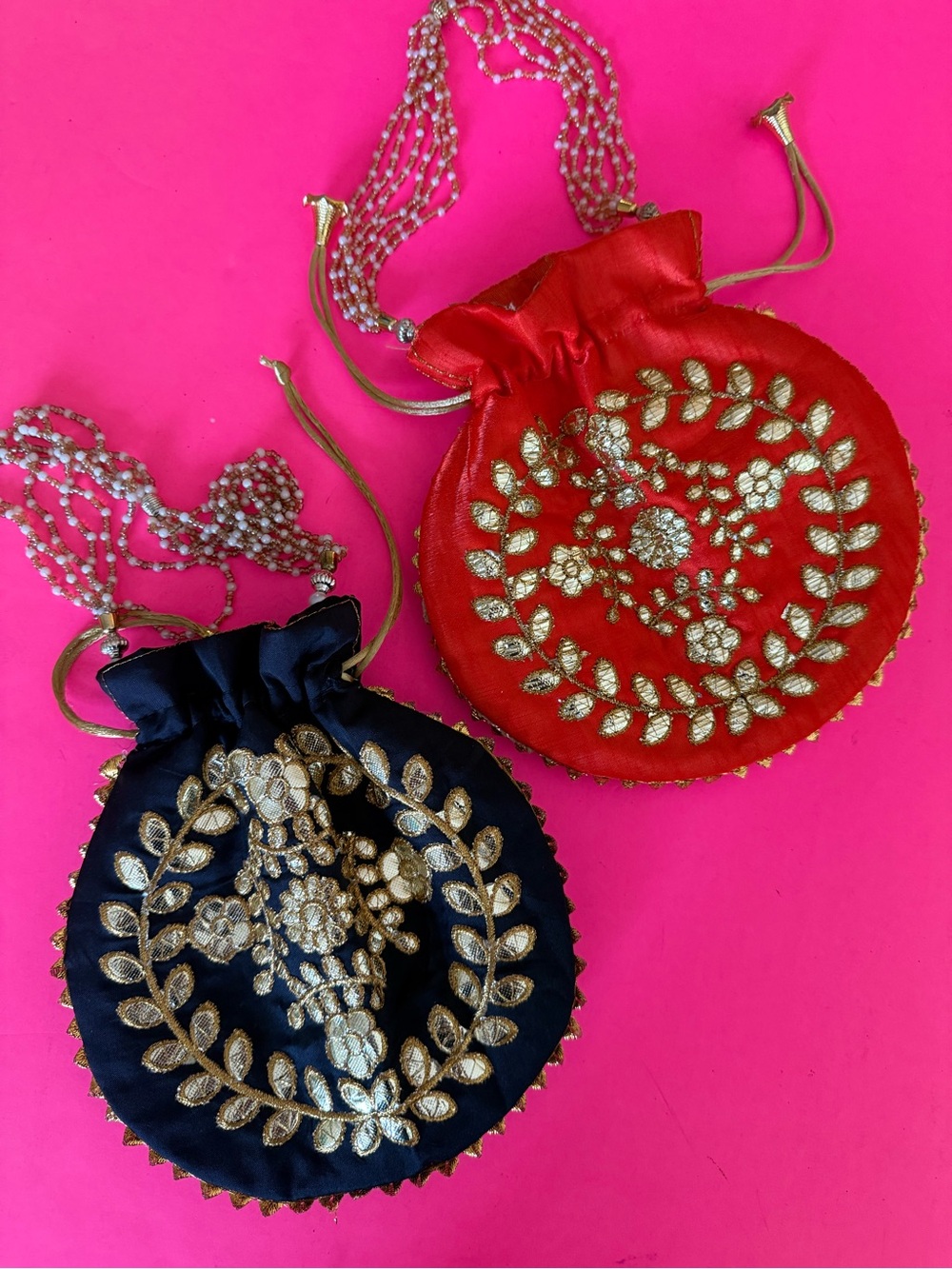 Embroidered Satin Drawstring Potli Clutch - ORANGE & Black SET OF 2